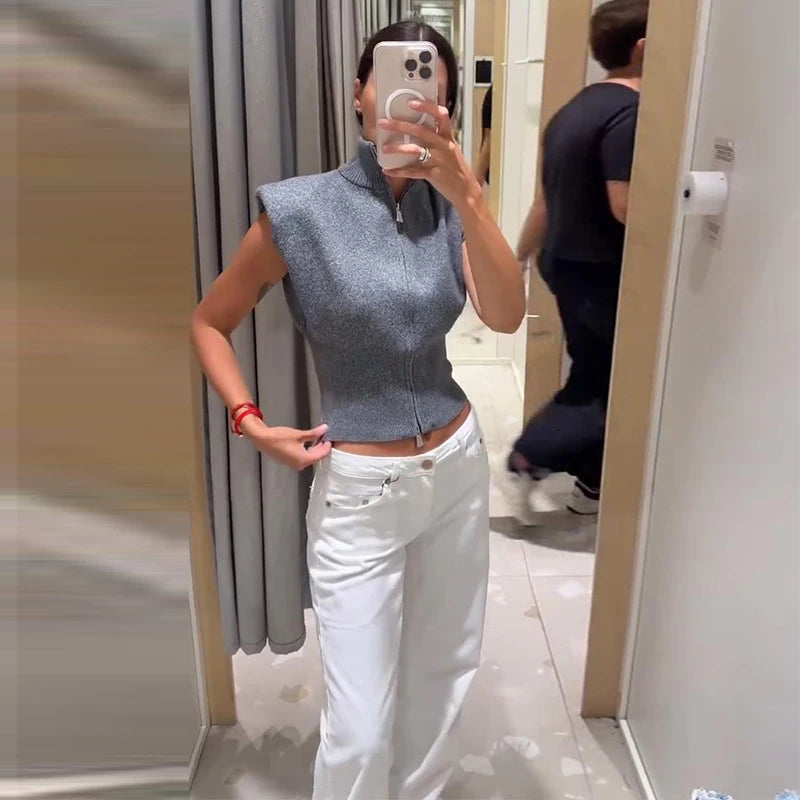 Cardigan in maglia da donna senza maniche con spalline imbottite, collo alto a metà, doppia cerniera, corto, aderente, tinta unita, top di tendenza per la strada