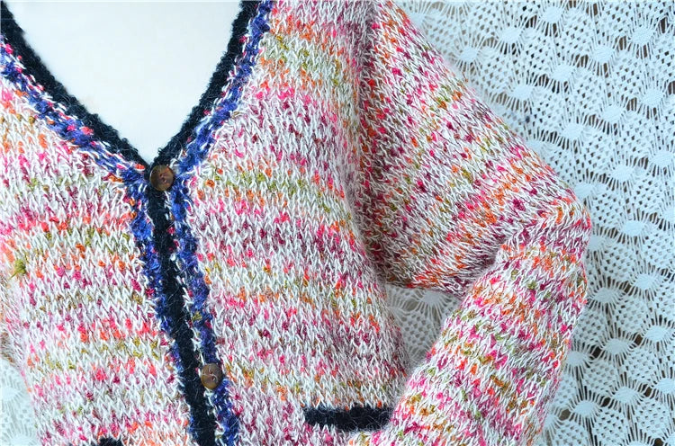 Abbigliamento Autunno Inverno per Donne, Cardigan Vintage in Lana Mohair con Motivi Floreali, Manica Lunga, Vestibilità Ampia, Maglione Giacca Pull Top