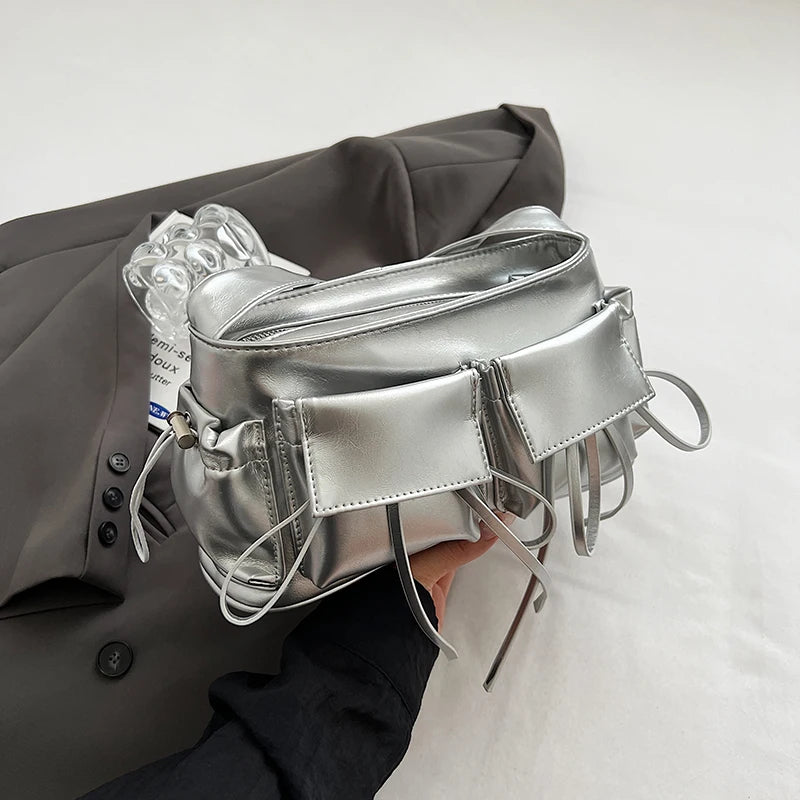 LEFTSIDE Borse a tracolla in pelle PU con design a doppia tasca per donna 2025 Borsa a tracolla di nuova tendenza della moda Borse da donna in argento