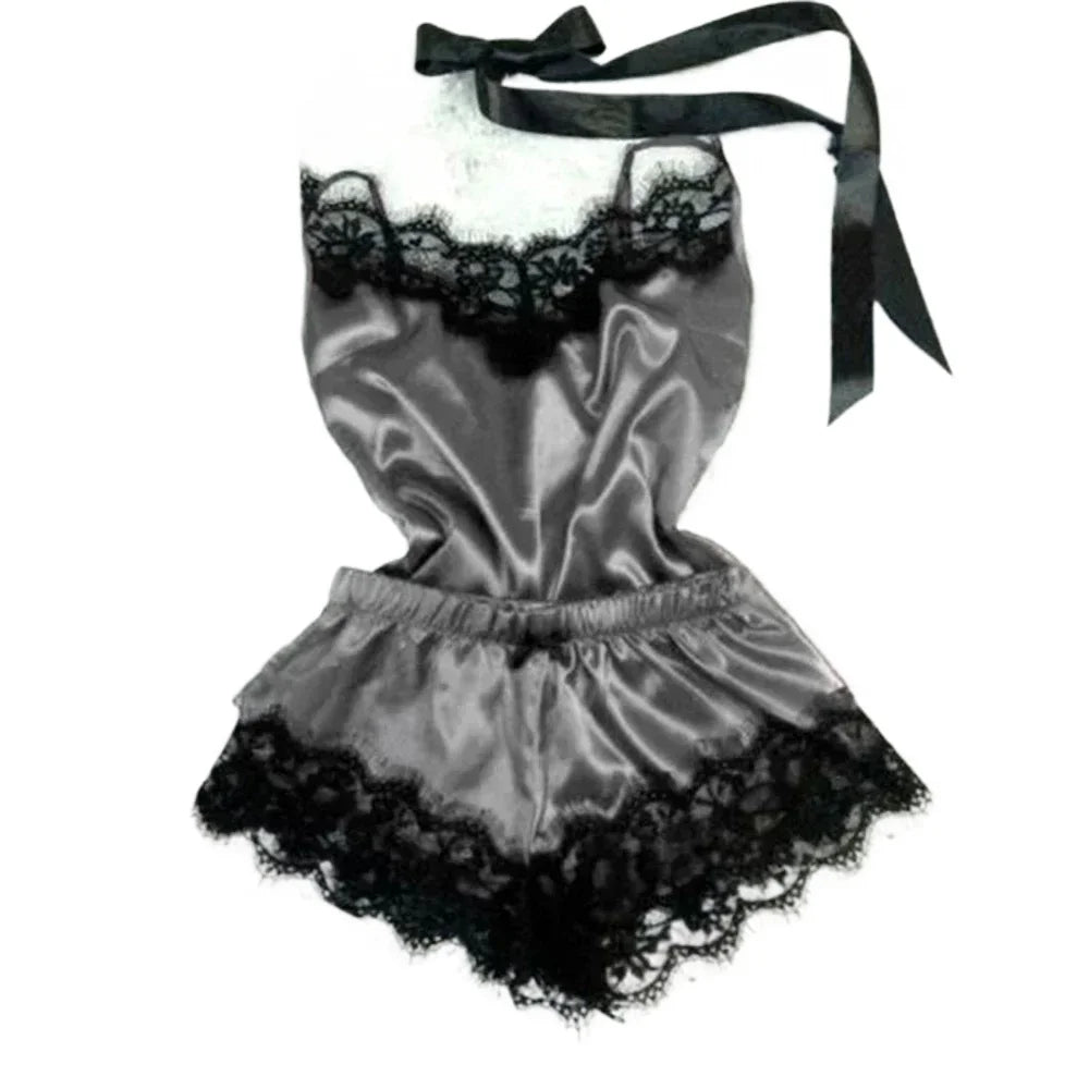 Ensemble de pyjama d'été en dentelle et soie pour femme, nuisette sexy avec caraco et short, ensemble confortable et décontracté