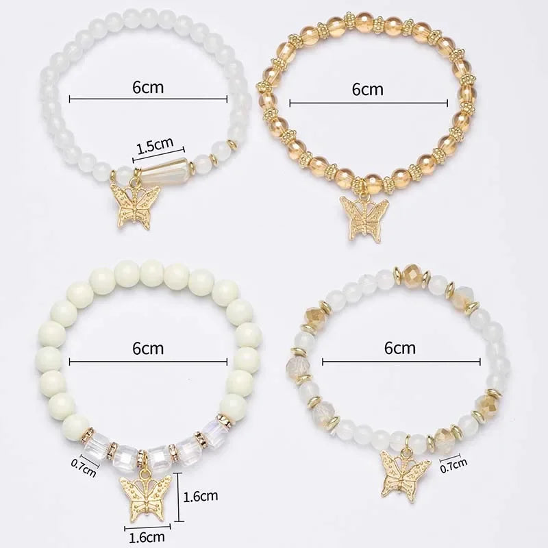 Set di braccialetti con perline a farfalla alla moda da 4 pezzi per le donne, perline acriliche rosa, braccialetto a catena elastica, regalo di gioielli per feste bohémien femminili