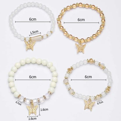 Set di braccialetti con perline a farfalla alla moda da 4 pezzi per le donne, perline acriliche rosa, braccialetto a catena elastica, regalo di gioielli per feste bohémien femminili