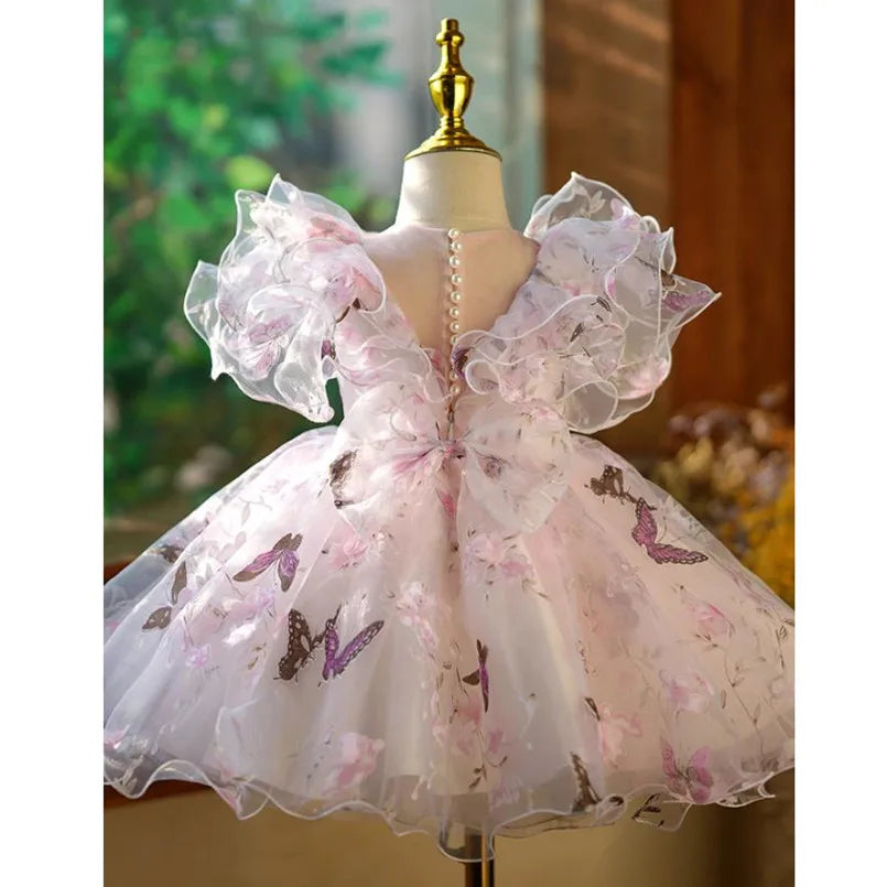Abito da sera principessa per bambini Design con volant stampato alla moda Matrimonio Compleanno Battesimo Pasqua Eid Abiti da festa per ragazze A2598