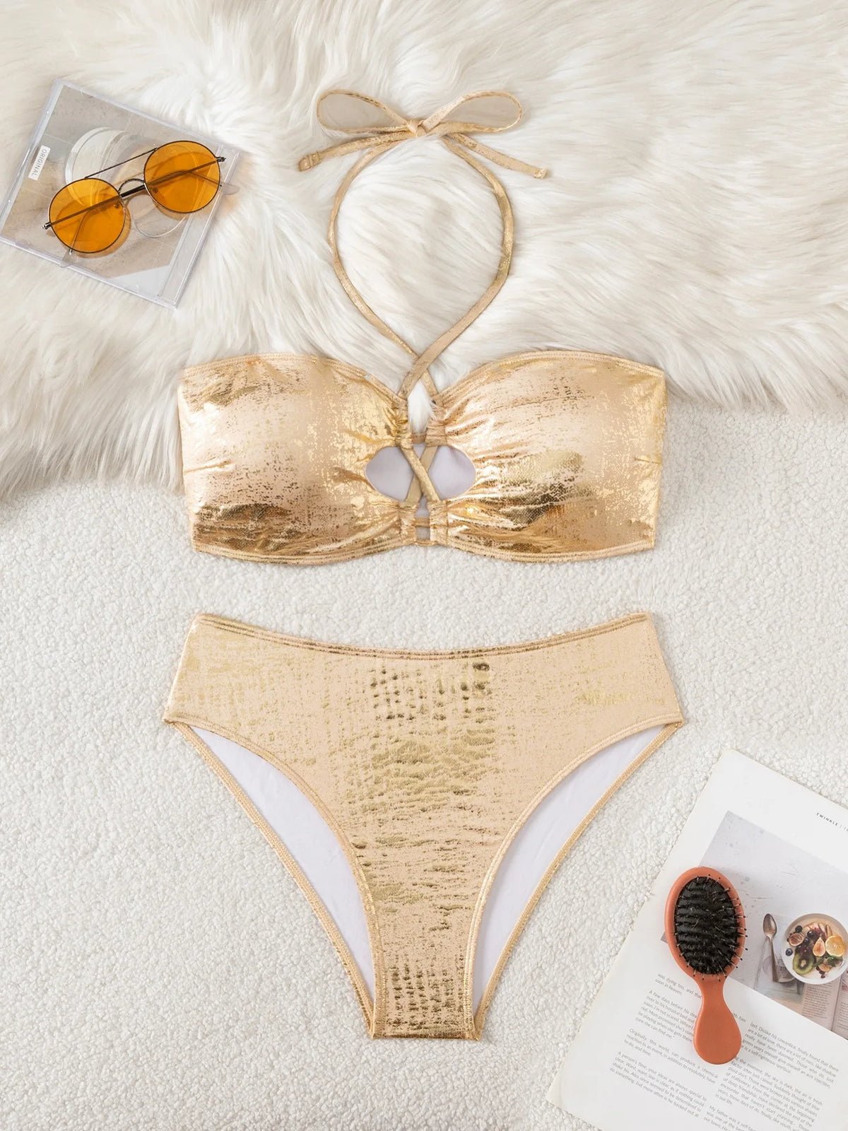 Damen-Badeanzug, sexy Bikini, goldfarben, Bademode, femininer Bikini-Set, unifarbene Strandbekleidung, Damen-Badeanzug, Trikini, Dropshipping