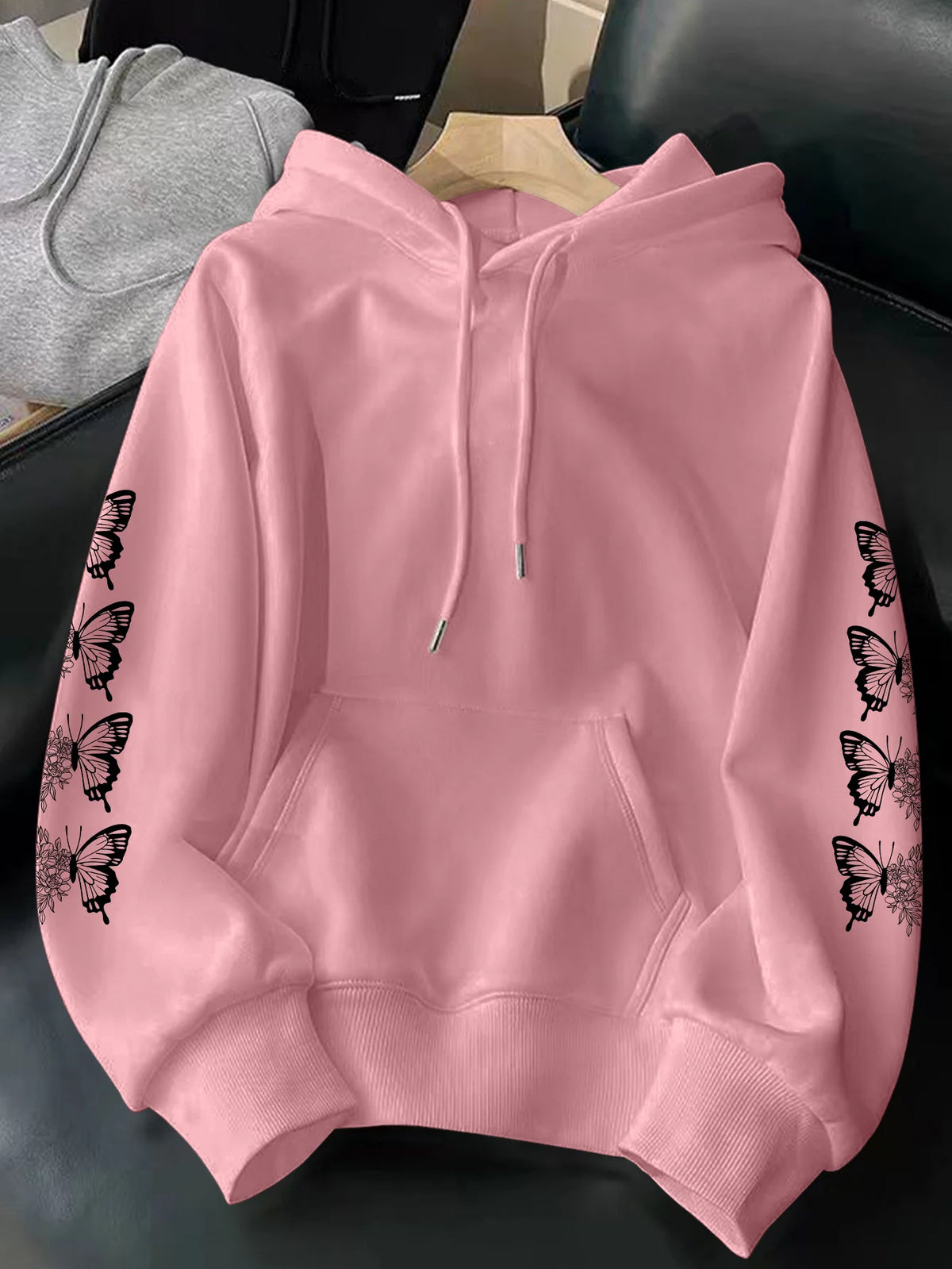 Felpa con cappuccio in peluche con motivo stampato della serie Butterfly, dallo stile alla moda, adatta per le stagioni autunnali e invernali, unisex.