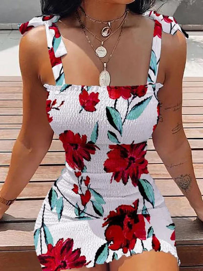 Sommer Sexy Bodycon Paket Hüften Wickelkleid Damen Casual Ärmelloses Schnürung Mode Blumen Mini Kleid Frau Skinny Sundress