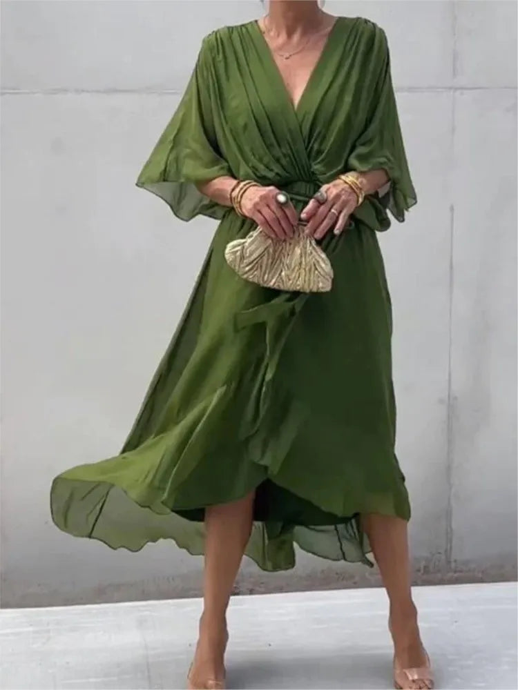 Abiti da festa eleganti in chiffon solido per le donne Sexy scollo a V maniche a pipistrello Lace Up Ruffles Abito lungo irregolare Abito casual Femme