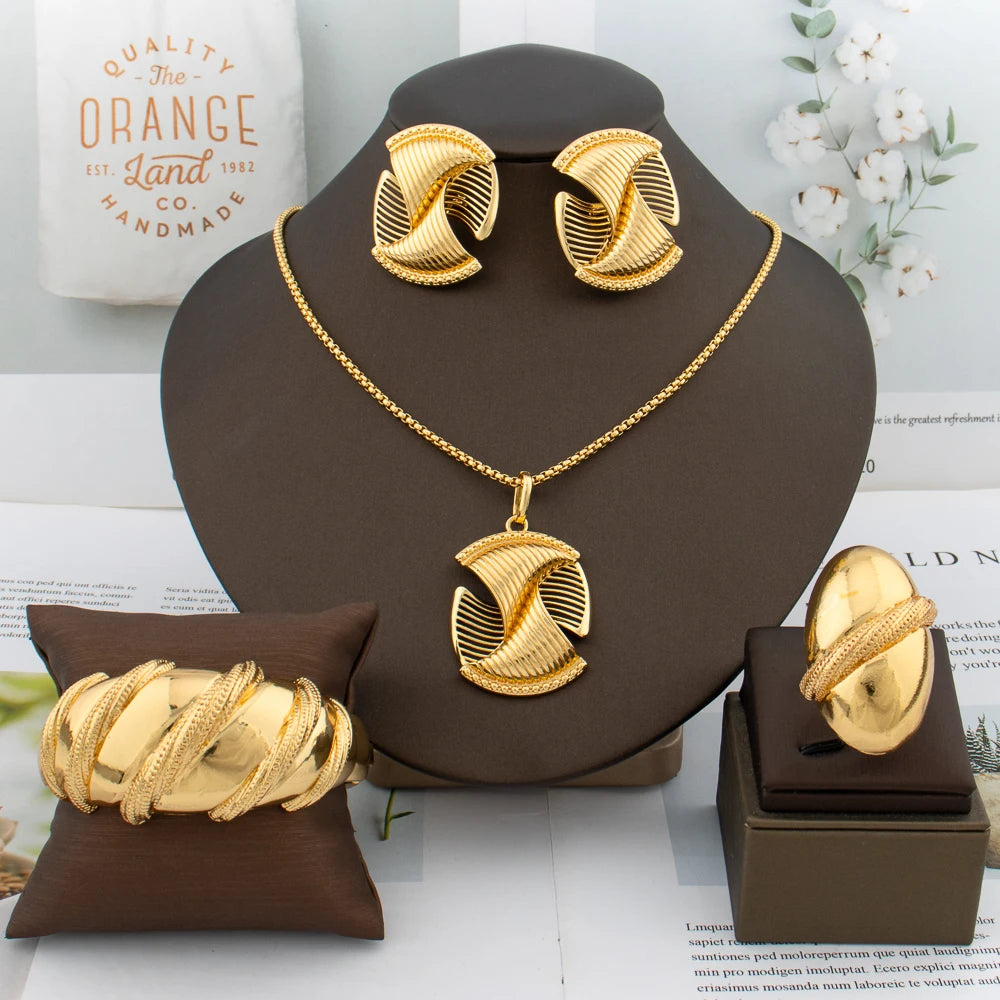 Ensemble de bijoux fantaisie plaqués or pour femmes, collier, boucles d'oreilles et bracelet, accessoires de mariage et de fiançailles pour Dubaï, coffret cadeau