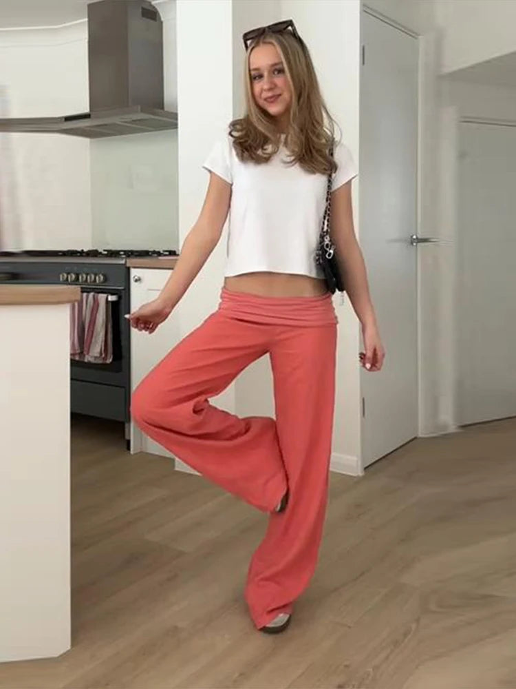 Pantaloni Lunghi a Gamba Larga con Vita Elastica per Donna, Tessuto Elasticizzato, Nuova Collezione 2026, Outfit Casual Estivo da Donna per Uso Quotidiano e Street Style