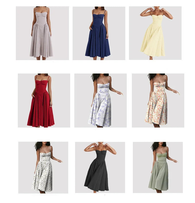 Elegante abito longuette con cinturino per spaghetti da donna Party Slim A Line Solid Bretelle Abiti da donna Nuova moda primavera estate Abiti sexy
