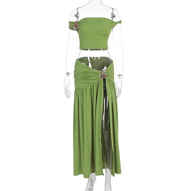 Ensemble Jupe d'été Femme Fleur en Métal Sexy Haut Court Épaules Dénudées Jupe Longue Fendue Ensembles de Jupes Mode sans Dos Plissés 2 Pièces
