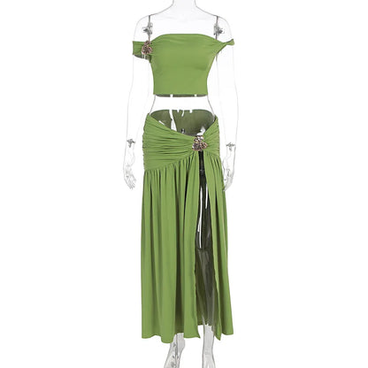 Ensemble Jupe d'été Femme Fleur en Métal Sexy Haut Court Épaules Dénudées Jupe Longue Fendue Ensembles de Jupes Mode sans Dos Plissés 2 Pièces