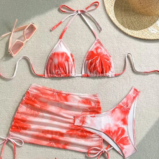 Ensemble bikini sexy 3 pièces pour femme, maillot de bain imprimé, deux pièces, licou, avec jupe paréo, maillot de bain brésilien
