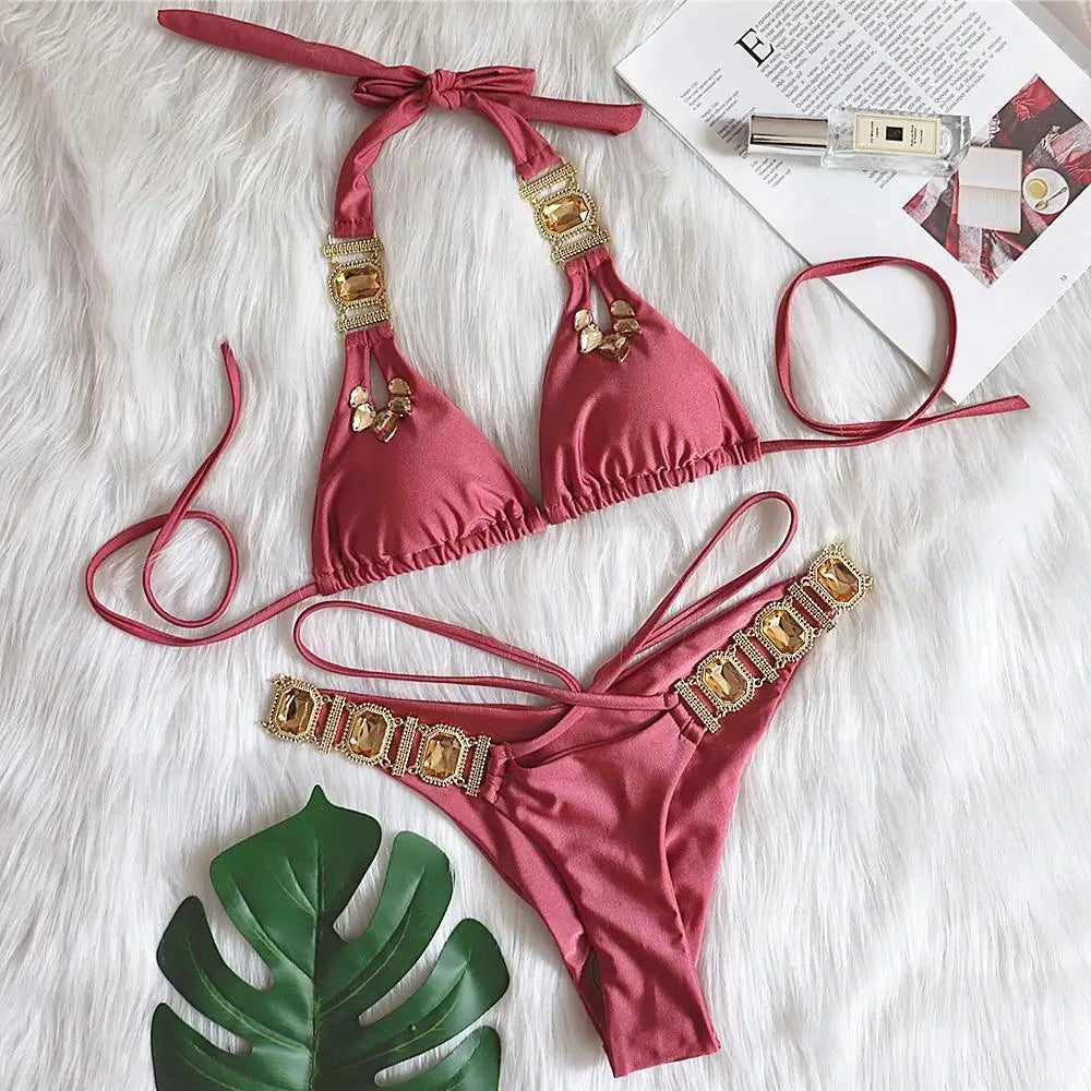 nuovo costume da bagno in due pezzi con strass 2026 cristallo di lusso perizoma Sexy perizoma Bikini Set costumi da bagno da donna costume da bagno Sexy da spiaggia