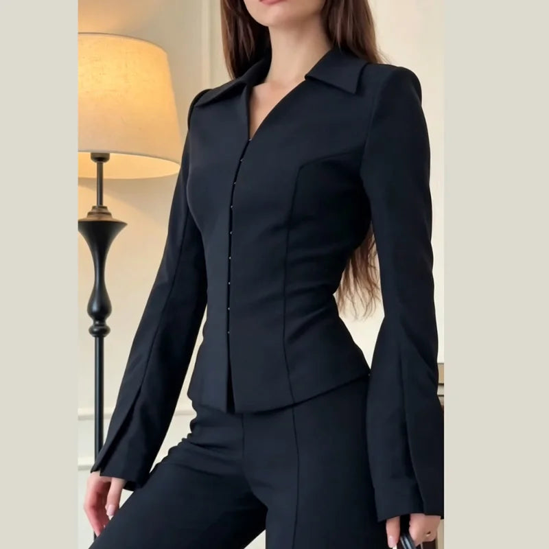 Completo da Donna Due Pezzi: Blazer Aderente a Maniche Lunghe con Peplum e Pantaloni a Vita Alta Svasati, Outfit Casual da Lavoro