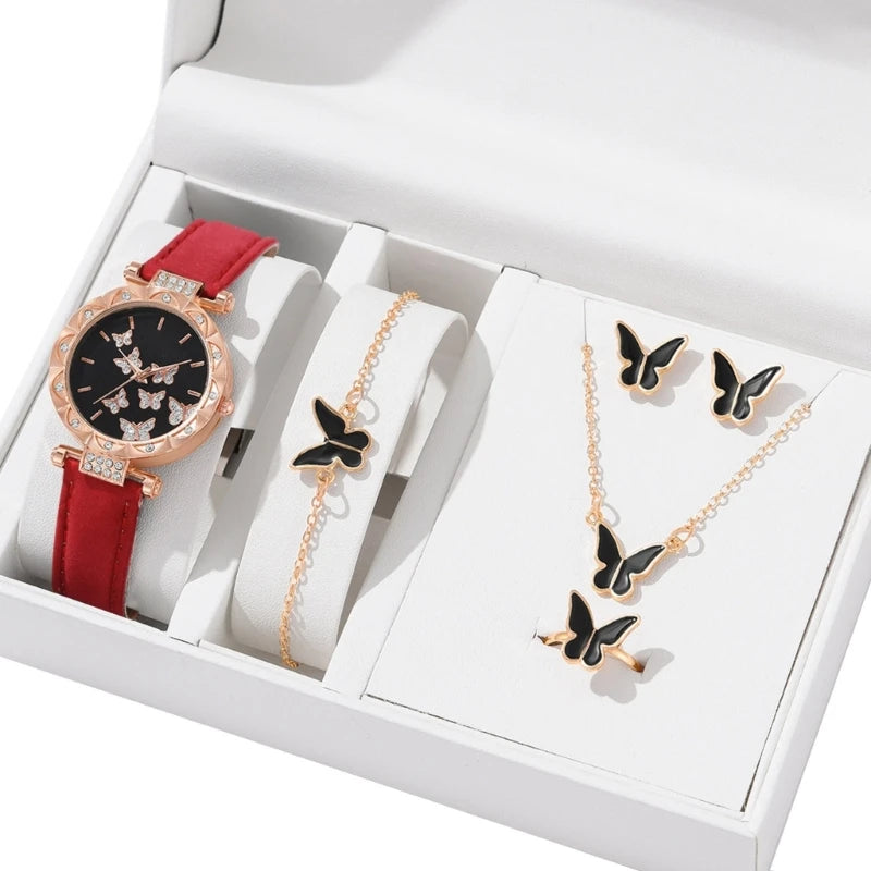 Set di gioielli a farfalla (senza scatola) orologi da donna anelli per orologi in pelle da donna collana orecchini bracciale regalo di nozze