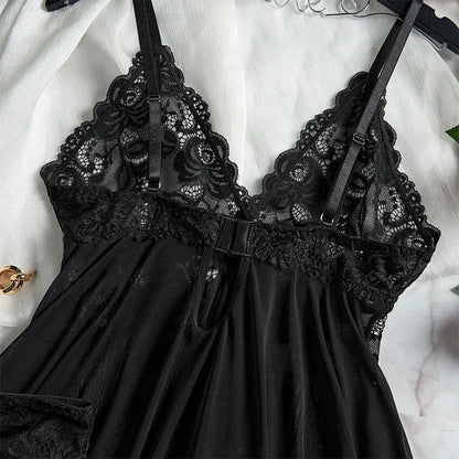 Pigiama lingerie erotica push up in pizzo a V profondo Set pigiama estivo sottile donna camicia da notte abito da notte caldo reggiseno sexy taglie forti perizoma da notte