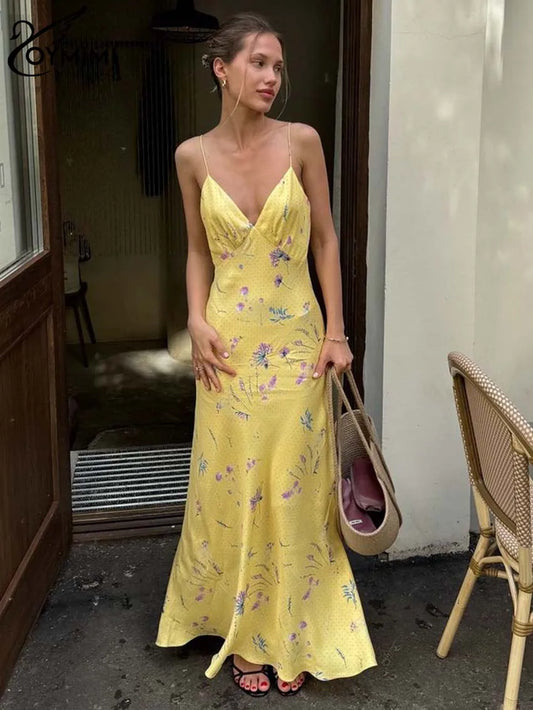 Oymimi Abito da donna casual con stampa gialla Elegante cinturino per spaghetti Abiti aperti sul retro Abito alla caviglia a vita alta moda autunnale