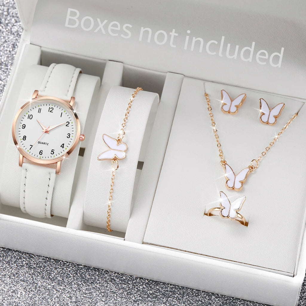 6 pezzi orologio da donna moda quadrante arabo cinturino in pelle orologi al quarzo set di gioielli a farfalla (senza scatola)