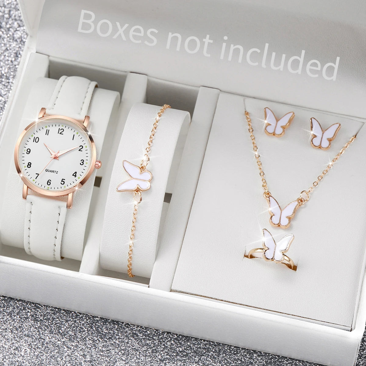 6 pezzi orologio da donna moda quadrante arabo cinturino in pelle orologi al quarzo set di gioielli a farfalla (senza scatola)