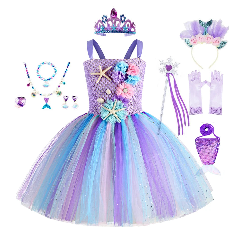 Abito tutù a sirena per ragazze sotto il mare Costumi di carnevale per feste di compleanno a tema con fascia per fiori Abiti per Halloween oceano 1-12 anni