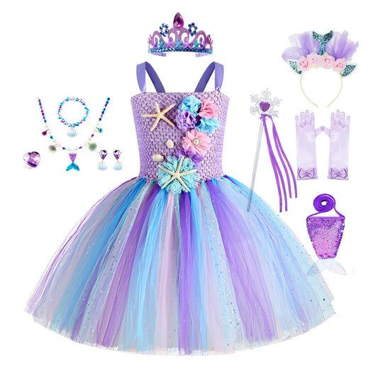 Abito tutù a sirena per ragazze sotto il mare Costumi di carnevale per feste di compleanno a tema con fascia per fiori Abiti per Halloween oceano 1-12 anni