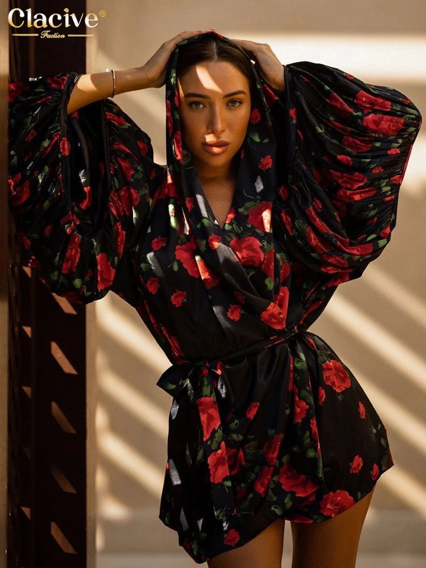 Clacive Fashion Abiti da donna con stampa allentata 2025 Mini abito sexy a maniche lunghe con cappuccio Elegante abito classico con lacci Abbigliamento femminile