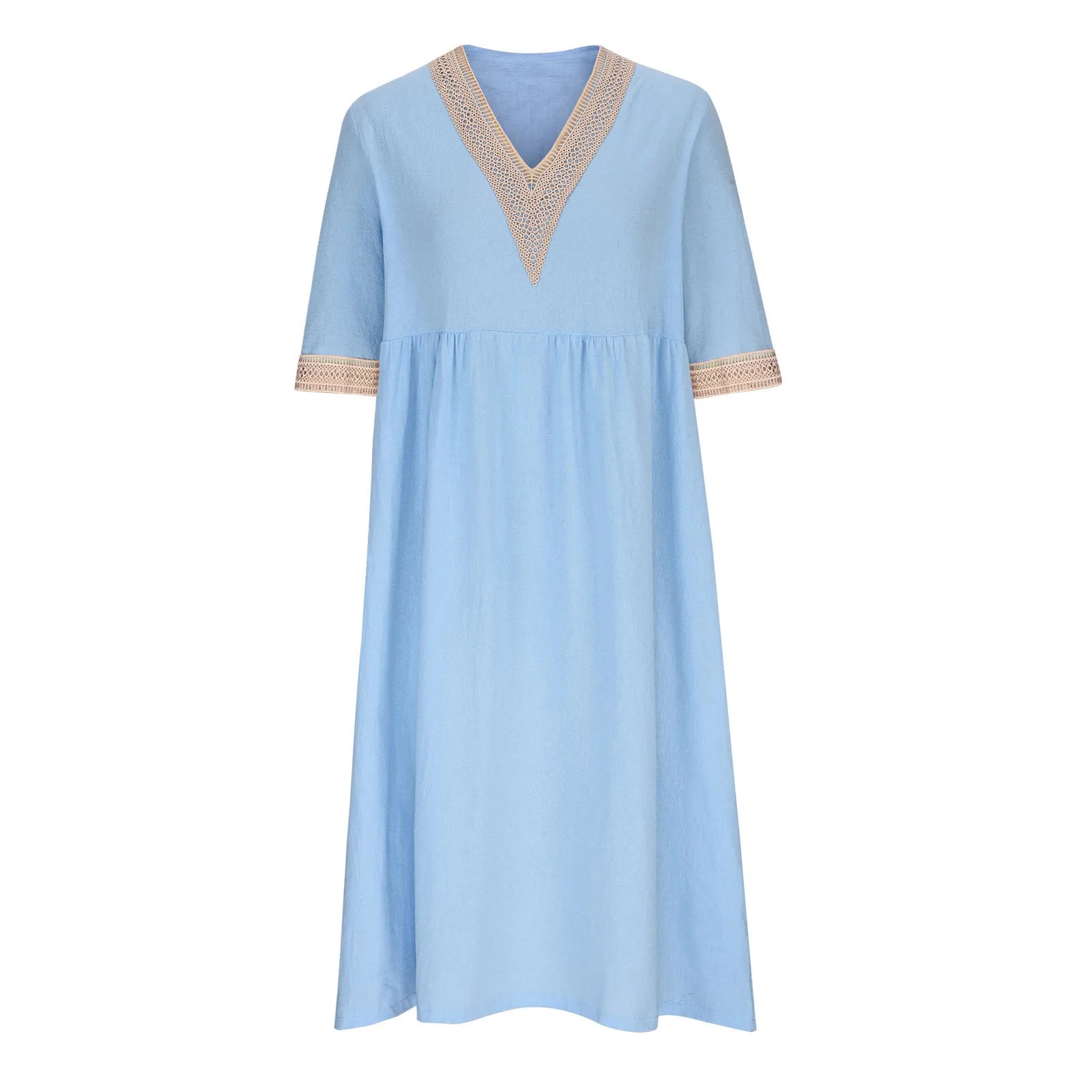 Abito Estivo da Donna 2026 Nuovo in Cotone e Lino a Mezza Manica con Scollo a V, Vestito Casual Chic Vintage con Inserti, Vestito Midi Ampio