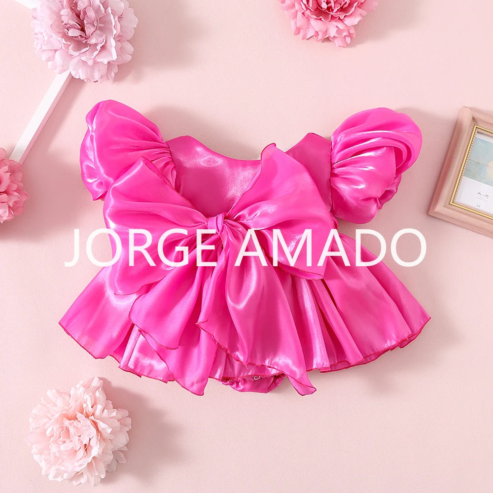 Completi Estivi Coordinati per Gemelle, Body a Maniche Corte con Grande Fiocco, Abiti Principessa con Schiena Scoperta, Abbigliamento per Bambine H0404