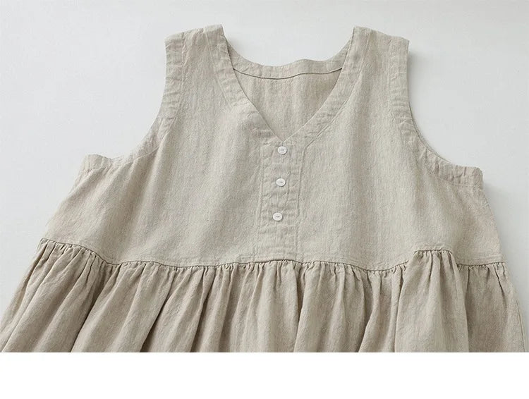 Nuovo Abito Estivo da Donna 2026 in Cotone e Lino, Senza Maniche, Casual, con Scollo a V e Bottoni, Vestito Midi Comodo