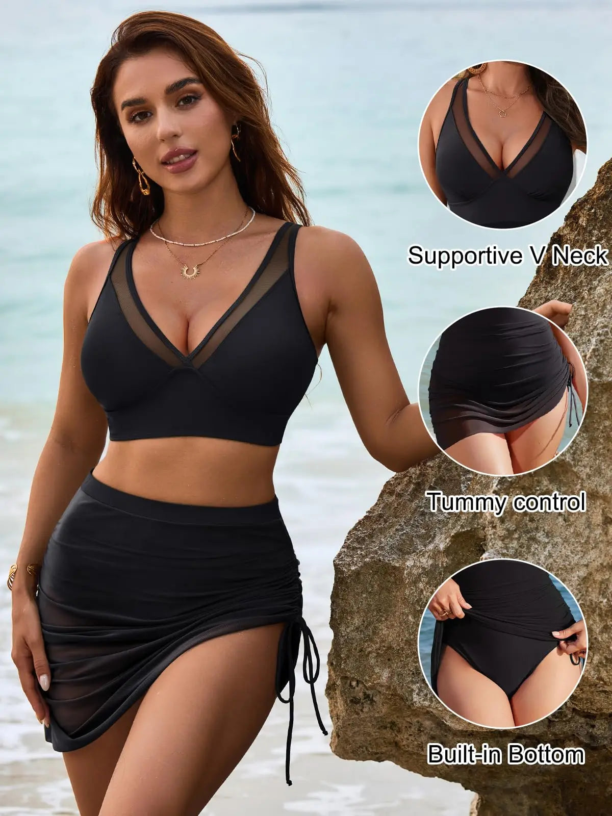 Damen-Bade-Skort, hoch taillierte Bikini-Sets, bauchweg-Badeanzüge, Netz-Sarong-Wickel, Badebekleidung