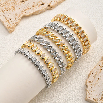 Bracciale a catena con graffetta Cinturino per orologio con zirconi placcati in oro 14 carati Collegamento grosso Gioielli impilabili regolabili per regalo per ragazza da donna