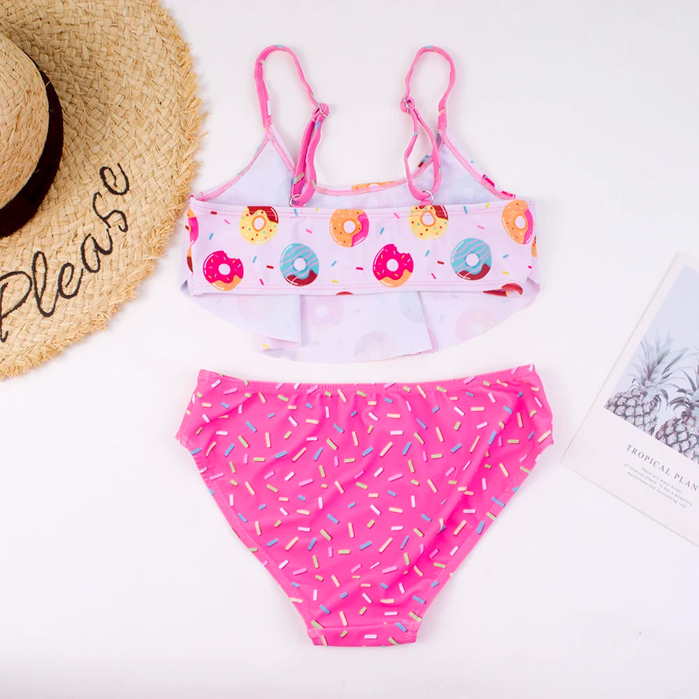 Donut-Print Falbala Mädchen Kinder Badeanzug Outdoor Süße 2-teilige Bademode Elastische Kontrast Mädchen Kinder Bikinis für den Sommerurlaub