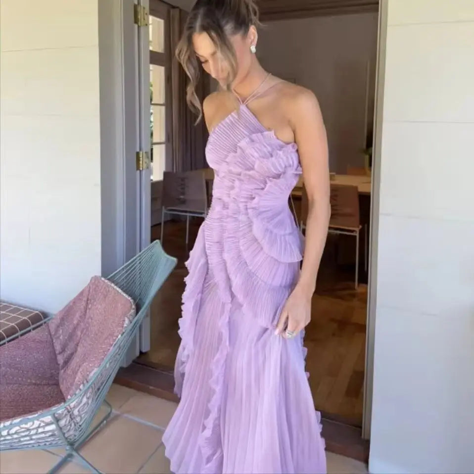 Abito lungo plissettato con volant da donna elegante Abito lungo fluido pieghettato a strati irregolare con scollo all'americana senza maniche per la festa di nozze