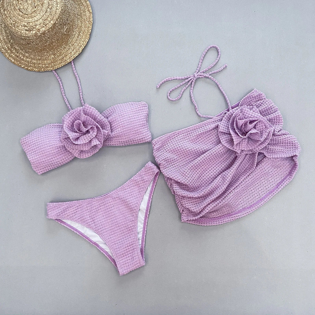 2025 Sexy Flowers Ensemble Bikini Trois Pièces Maillot De Bain Pour Femmes Bandage Uni Maillot De Bain Femme Maillot De Bain De Plage
