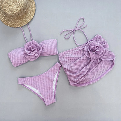 2025 Sexy Flowers Ensemble Bikini Trois Pièces Maillot De Bain Pour Femmes Bandage Uni Maillot De Bain Femme Maillot De Bain De Plage