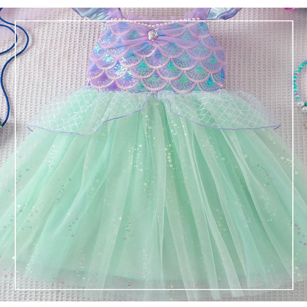 Costume da spettacolo con paillettes Abiti da principessa per ragazza Gonna a rete con fionda Abito da ragazza di compleanno Abiti da ragazza per feste a tema sirena