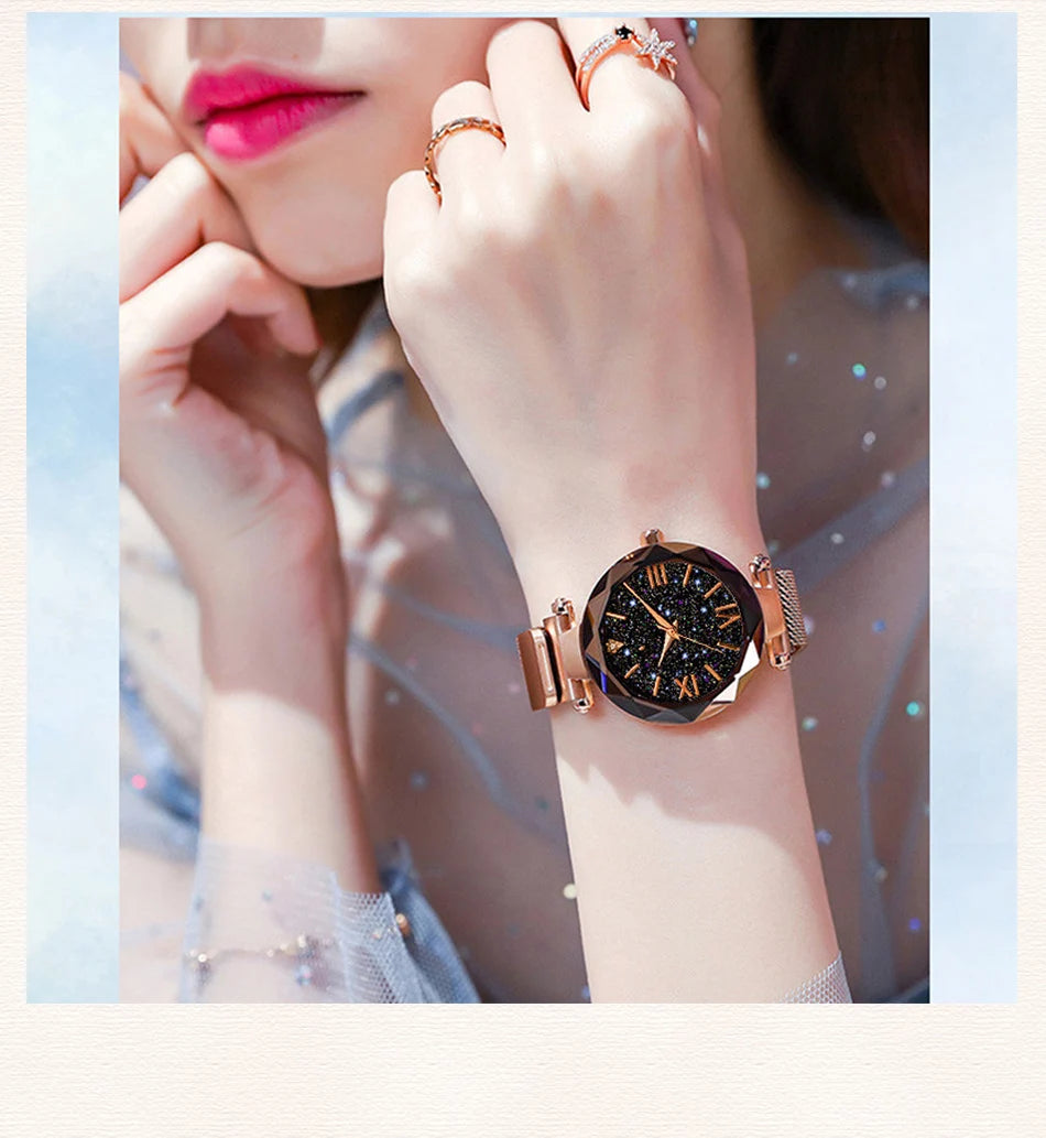 Orologi da donna con cielo stellato alla moda, fibbia magnetica, cintura in rete, orologio al quarzo con diamanti, orologio da donna