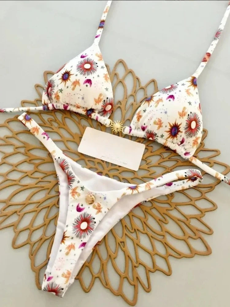 Summer Print Sexy Bikini Sets Halter Lace-up Tops Thongs Beach Style Bathing Suit Y2k Swimsuits Women Beachwear Fashion New