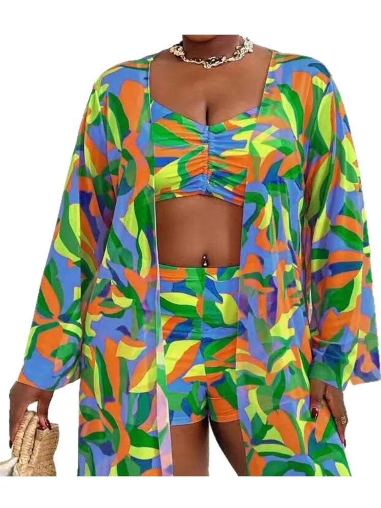 L-4XL Plus Size Set da 3 pezzi Bikini Cover Up Costume da bagno push up da donna Estate Mujer Costumi da bagno con controllo della pancia Set bikini oversize