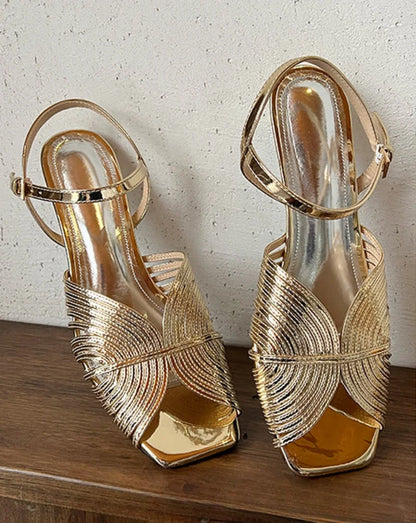 Sommer 2025 Goldene Damen-Sandalen Offene Zehenpartie Schnallen Mittelhohe Absätze Damen-Schuhe Korea Komfort Beste FH