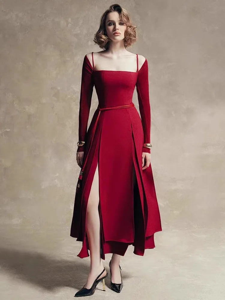 QMQA Abiti eleganti da donna alla moda con spalle scoperte Manica lunga Split Orlo asimmetrico Abito sottile a vita media bassa Nuovo 1A200
