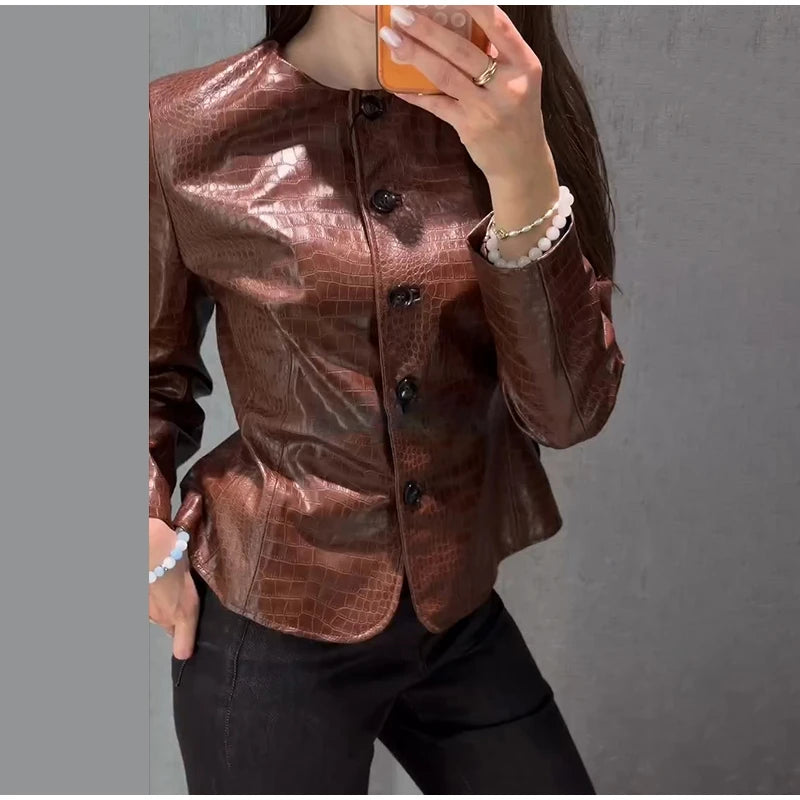Giacca da donna in pelle PU tinta unita con colletto alla coreana e bottoni, cerniere, cappotto da donna, moda autunno 2026, capospalla femminile streetwear