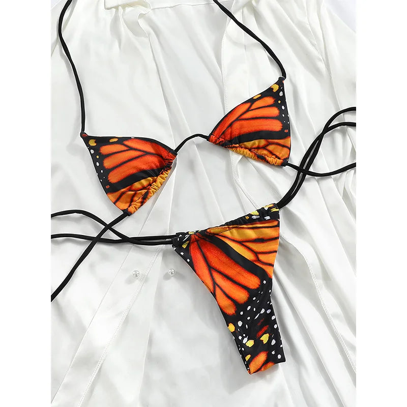 Maillots de bain sexy pour femmes, bikinis papillon, maillot de bain imprimé, tenue de plage triangulaire, maillots de bain à bandage, micro biquini