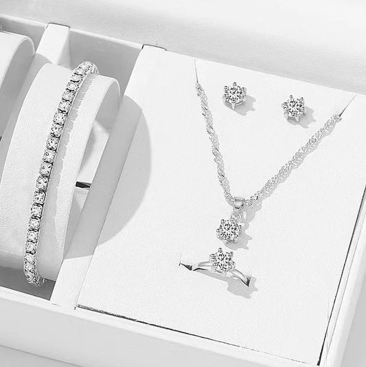 Parure de bijoux élégante en cristal 5 pièces, collier, bracelet, boucles d'oreilles et bague en zircone, parure de bijoux simple, tendance et polyvalente