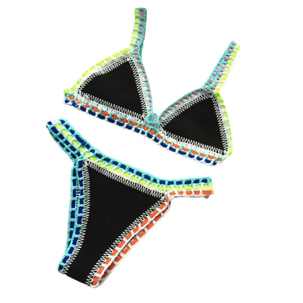 2 Pcs/Set Summer Bikini Set Bathing Suit Bright Color Patchwork Beachwear Handmade Crochet Women Swimsuit for Beach