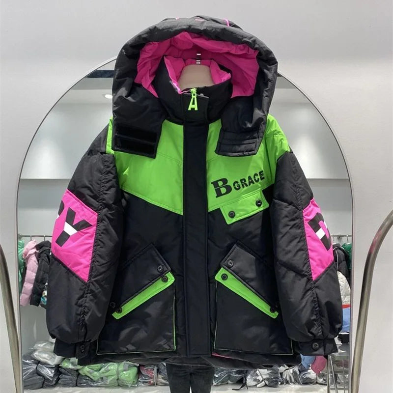Caldo inverno piumino giacche donna Parka con cappuccio abbigliamento invernale cappotto da neve Casual spessa piumino corto brillante Streetwear
