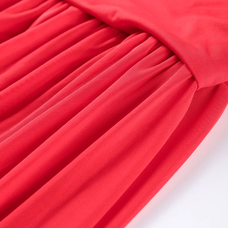 Maglia sexy vedere attraverso lungo abito rosso senza maniche piega patchwork a-line maxi abiti da festa femminile 2025 estate signora abiti slim