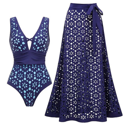 Women Bikini Set Swimsuit Sexy V Neck Solid Color Laser Cutting Flower Swimsuit Beachwear Luxury Summer Beachwear Dress