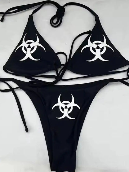Y2k style Print Bikini Set Sexy Thong Swimsuit Two Pieces Bathing Suit Punk Bathing Suit Fashion Swimwear Women Millennium style